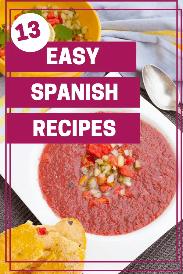 pink soup, watermelon gazpacho, is background for wording: 13 easy Spanish recipes