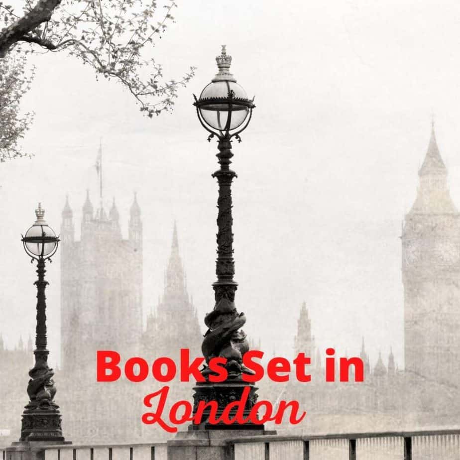 foggy london with dark lampposts in foreground. Words in red - Books set in London