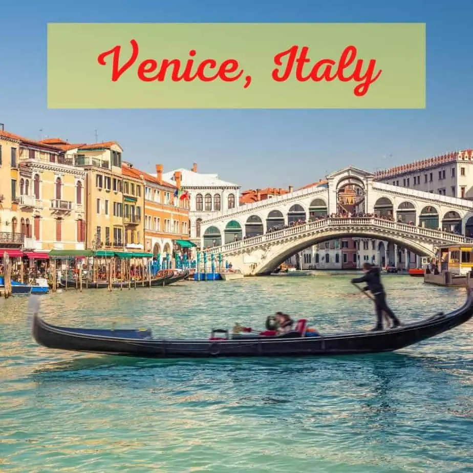 books set in Venice, gondola in front of a bridge with house along the water's edge