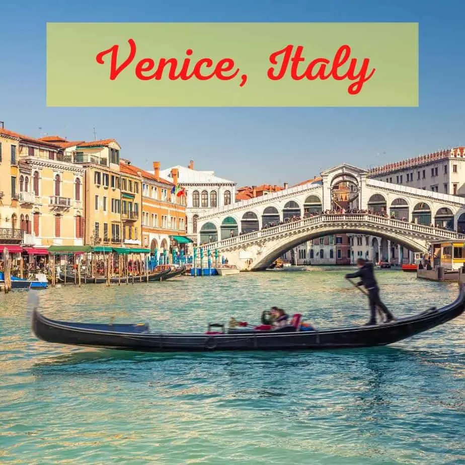 books set in Venice, gondola in front of a bridge with house along the water's edge