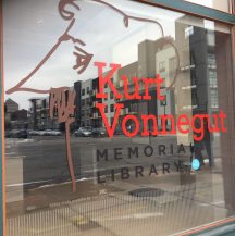 front window for Kurt Vonnegut's museum in Indianapolis