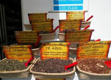 bowls with tea on a table with names and descriptions written in Spainish
