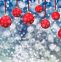 background image of red ornaments hanging in front of a snowy backdrop
